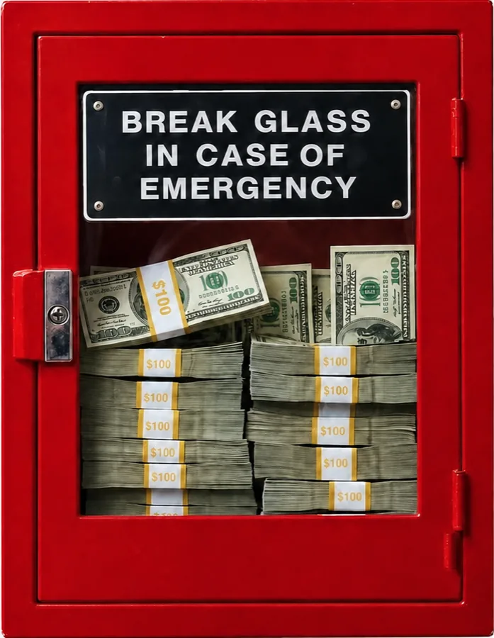 Red emergency break-glass cabinet filled with stacks of cash